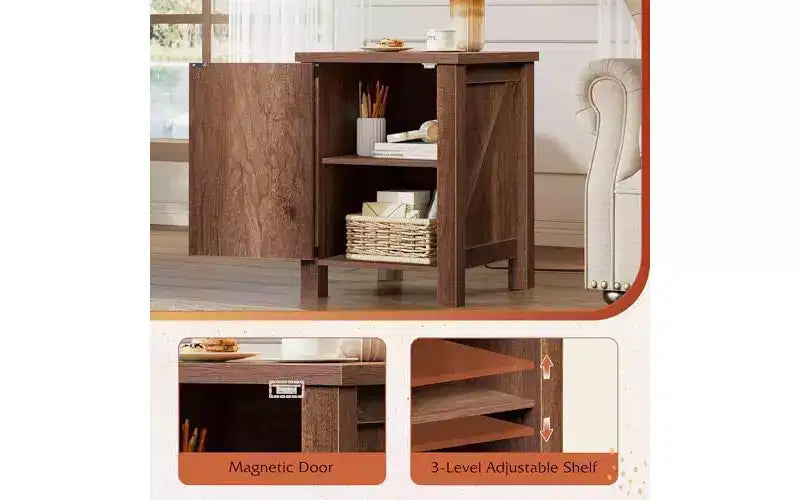 DEXYLLO Farmhouse Nightstand with Charging Station, End Table with Barn Door and Adjustable Storage Shelf
