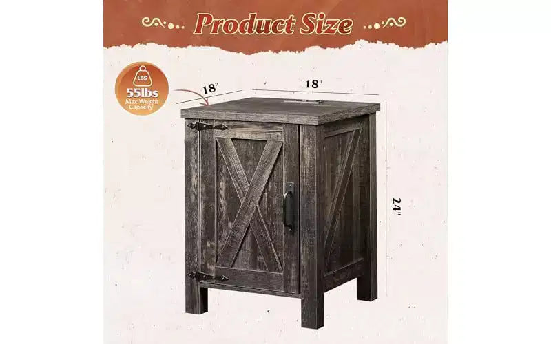 DEXYLLO Farmhouse Nightstand with Charging Station, End Table with Barn Door and Adjustable Storage Shelf