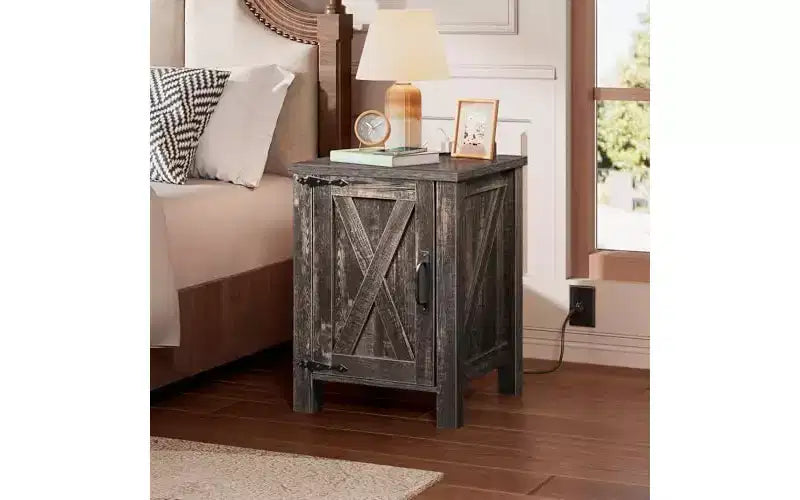 DEXYLLO Farmhouse Nightstand with Charging Station, End Table with Barn Door and Adjustable Storage Shelf
