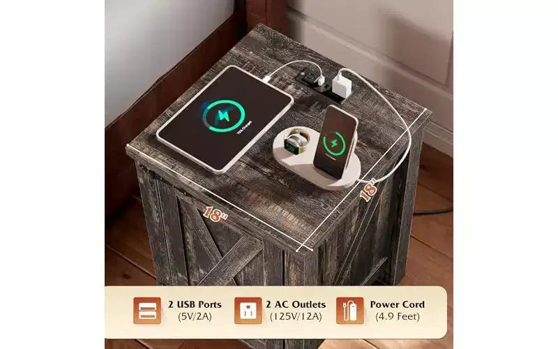 DEXYLLO Farmhouse Nightstand with Charging Station, End Table with Barn Door and Adjustable Storage Shelf