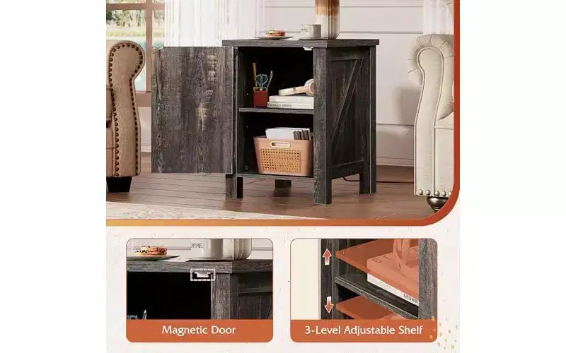 DEXYLLO Farmhouse Nightstand with Charging Station, End Table with Barn Door and Adjustable Storage Shelf