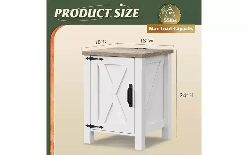 DEXYLLO Farmhouse Nightstand with Charging Station, End Table with Barn Door and Adjustable Storage Shelf
