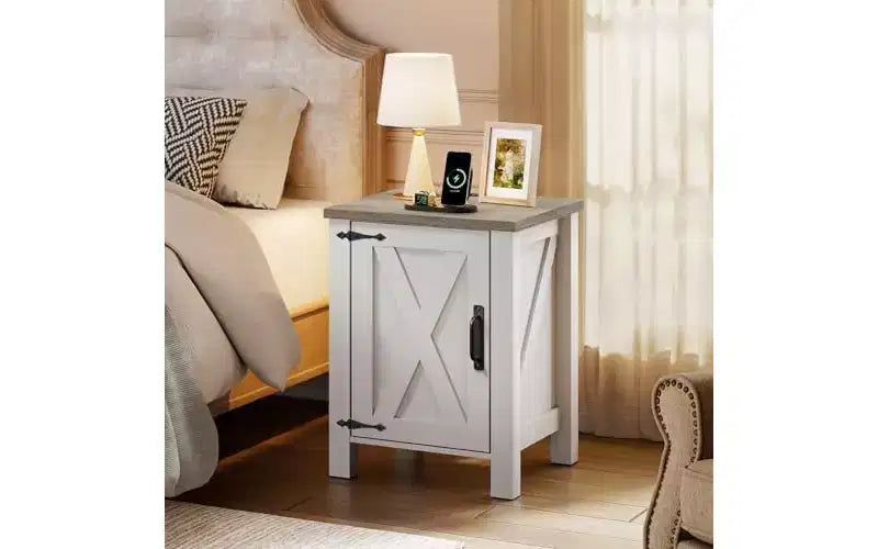 DEXYLLO Farmhouse Nightstand with Charging Station, End Table with Barn Door and Adjustable Storage Shelf