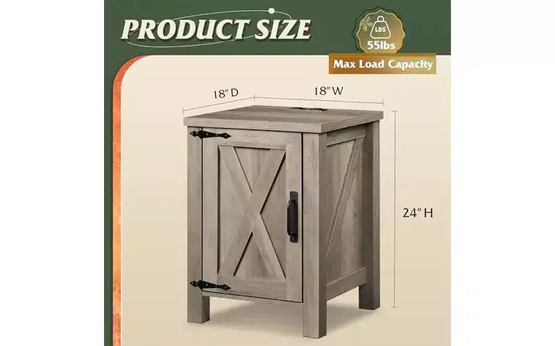 DEXYLLO Farmhouse Nightstand with Charging Station, End Table with Barn Door and Adjustable Storage Shelf