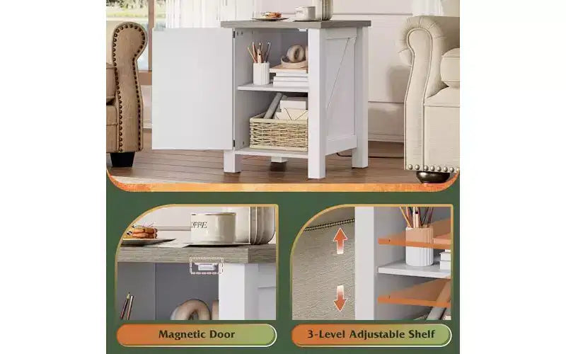 DEXYLLO Farmhouse Nightstand with Charging Station, End Table with Barn Door and Adjustable Storage Shelf