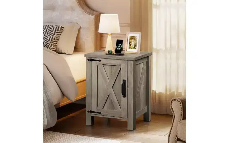 DEXYLLO Farmhouse Nightstand with Charging Station, End Table with Barn Door and Adjustable Storage Shelf