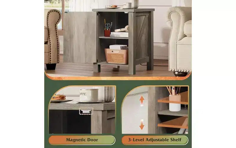 DEXYLLO Farmhouse Nightstand with Charging Station, End Table with Barn Door and Adjustable Storage Shelf