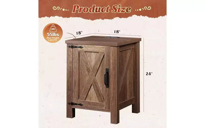 DEXYLLO Farmhouse Nightstand with Charging Station, End Table with Barn Door and Adjustable Storage Shelf
