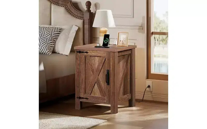 DEXYLLO Farmhouse Nightstand with Charging Station, End Table with Barn Door and Adjustable Storage Shelf