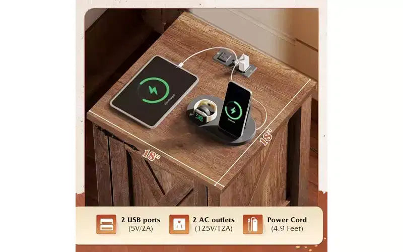 DEXYLLO Farmhouse Nightstand with Charging Station, End Table with Barn Door and Adjustable Storage Shelf