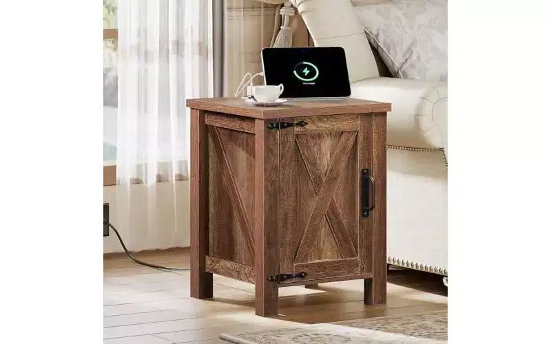 DEXYLLO Farmhouse Nightstand with Charging Station, End Table with Barn Door and Adjustable Storage Shelf
