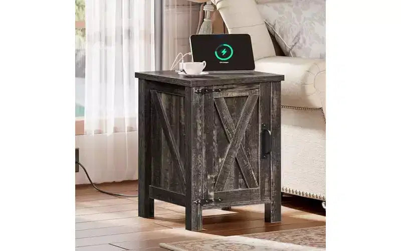 DEXYLLO Farmhouse Nightstand with Charging Station, End Table with Barn Door and Adjustable Storage Shelf