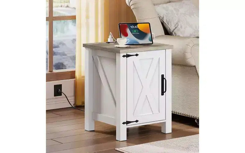 DEXYLLO Farmhouse Nightstand with Charging Station, End Table with Barn Door and Adjustable Storage Shelf