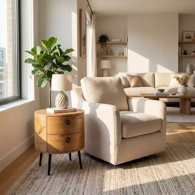 Modern Round Side Table with 2 Drawers, Wooden Accent End Table Nightstand with Metal Legs, Bedroom Living Room Apartment