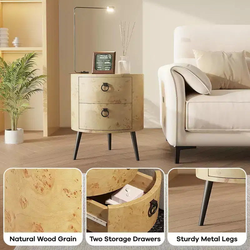 Modern Round Side Table with 2 Drawers, Wooden Accent End Table Nightstand with Metal Legs, Bedroom Living Room Apartment
