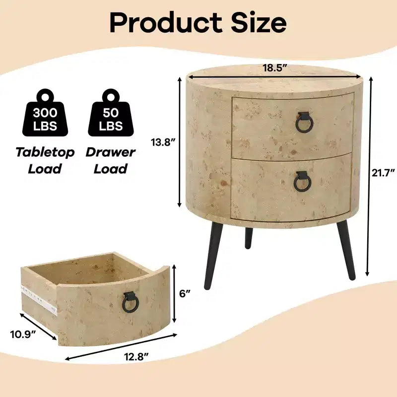 Modern Round Side Table with 2 Drawers, Wooden Accent End Table Nightstand with Metal Legs, Bedroom Living Room Apartment