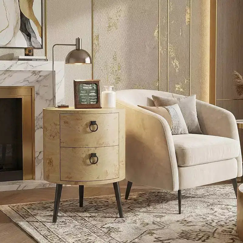 Modern Round Side Table with 2 Drawers, Wooden Accent End Table Nightstand with Metal Legs, Bedroom Living Room Apartment