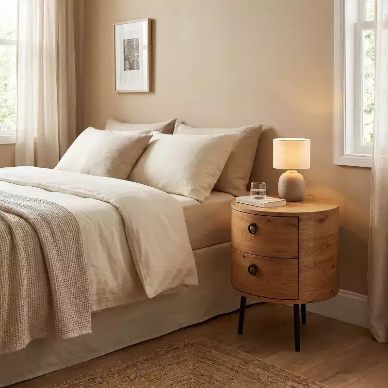 Modern Round Side Table with 2 Drawers, Wooden Accent End Table Nightstand with Metal Legs, Bedroom Living Room Apartment