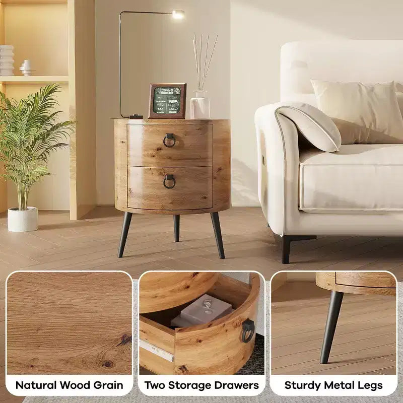 Modern Round Side Table with 2 Drawers, Wooden Accent End Table Nightstand with Metal Legs, Bedroom Living Room Apartment