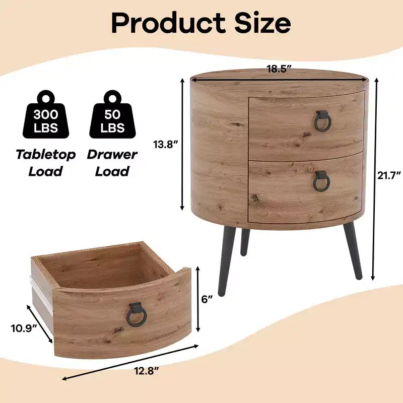 Modern Round Side Table with 2 Drawers, Wooden Accent End Table Nightstand with Metal Legs, Bedroom Living Room Apartment