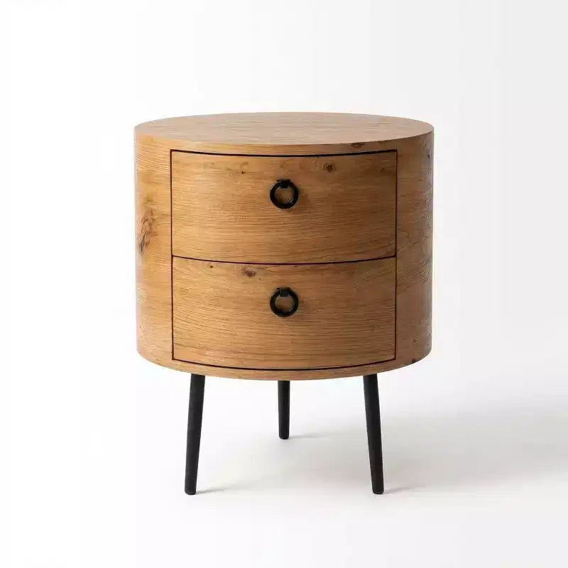 Modern Round Side Table with 2 Drawers, Wooden Accent End Table Nightstand with Metal Legs, Bedroom Living Room Apartment