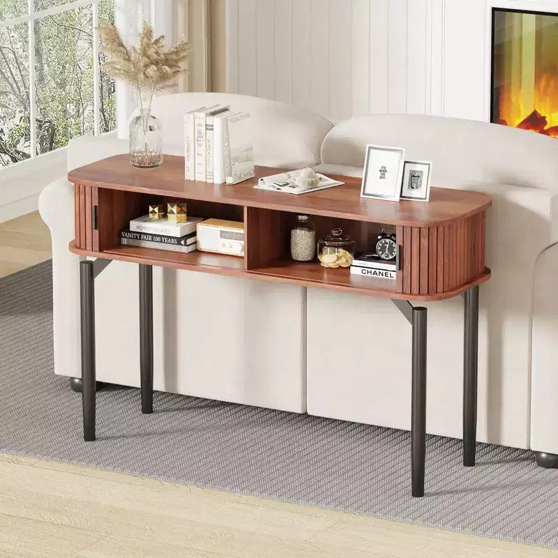 Modern Fluted Console Table - 47'' Narrow Entryway or Sofa Table with Sliding Doors & Drawers - Open Shelf Storage - Oak Walnut Finish