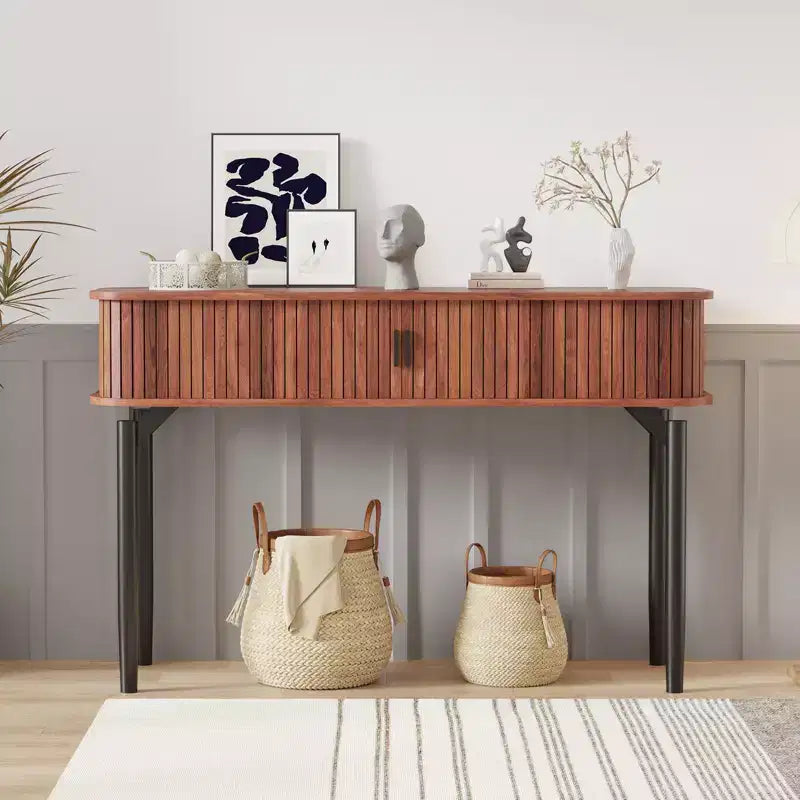 Modern Fluted Console Table - 47'' Narrow Entryway or Sofa Table with Sliding Doors & Drawers - Open Shelf Storage - Oak Walnut Finish