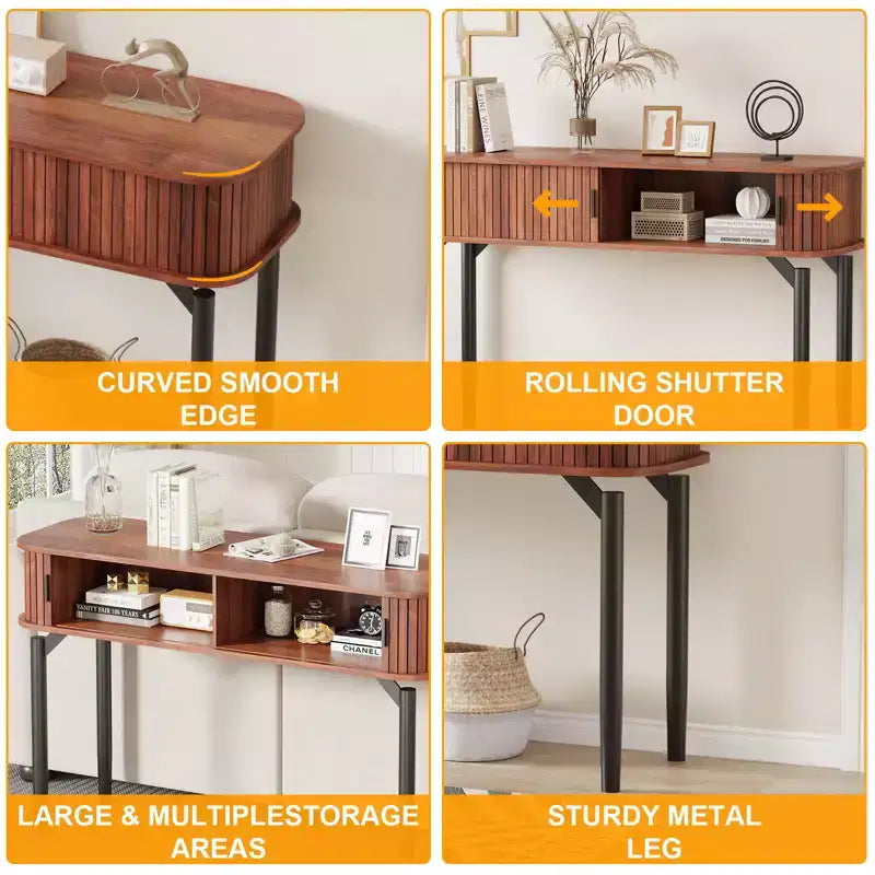 Modern Fluted Console Table - 47'' Narrow Entryway or Sofa Table with Sliding Doors & Drawers - Open Shelf Storage - Oak Walnut Finish