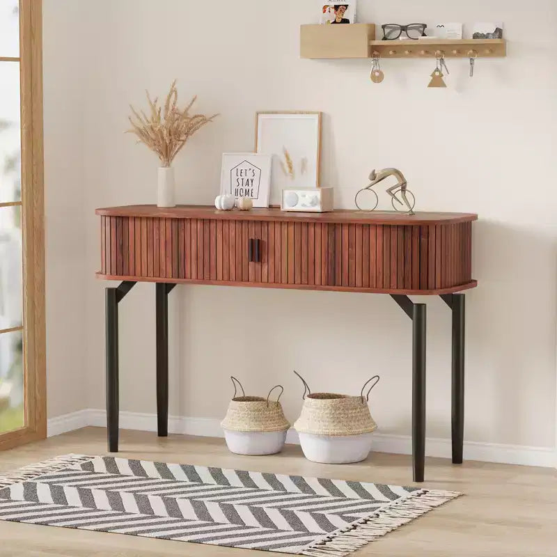 Modern Fluted Console Table - 47'' Narrow Entryway or Sofa Table with Sliding Doors & Drawers - Open Shelf Storage - Oak Walnut Finish