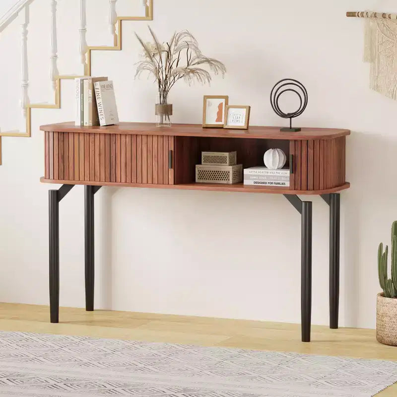 Modern Fluted Console Table - 47'' Narrow Entryway or Sofa Table with Sliding Doors & Drawers - Open Shelf Storage - Oak Walnut Finish