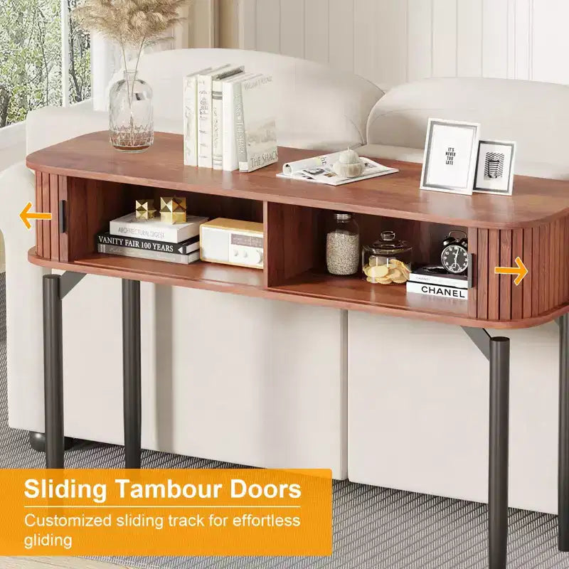 Modern Fluted Console Table - 47'' Narrow Entryway or Sofa Table with Sliding Doors & Drawers - Open Shelf Storage - Oak Walnut Finish