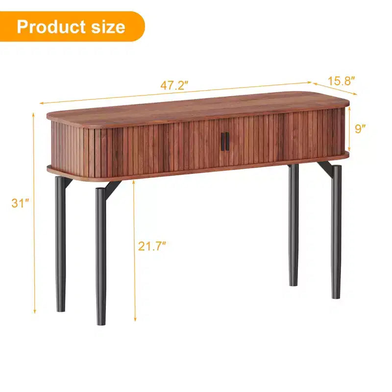 Modern Fluted Console Table - 47'' Narrow Entryway or Sofa Table with Sliding Doors & Drawers - Open Shelf Storage - Oak Walnut Finish