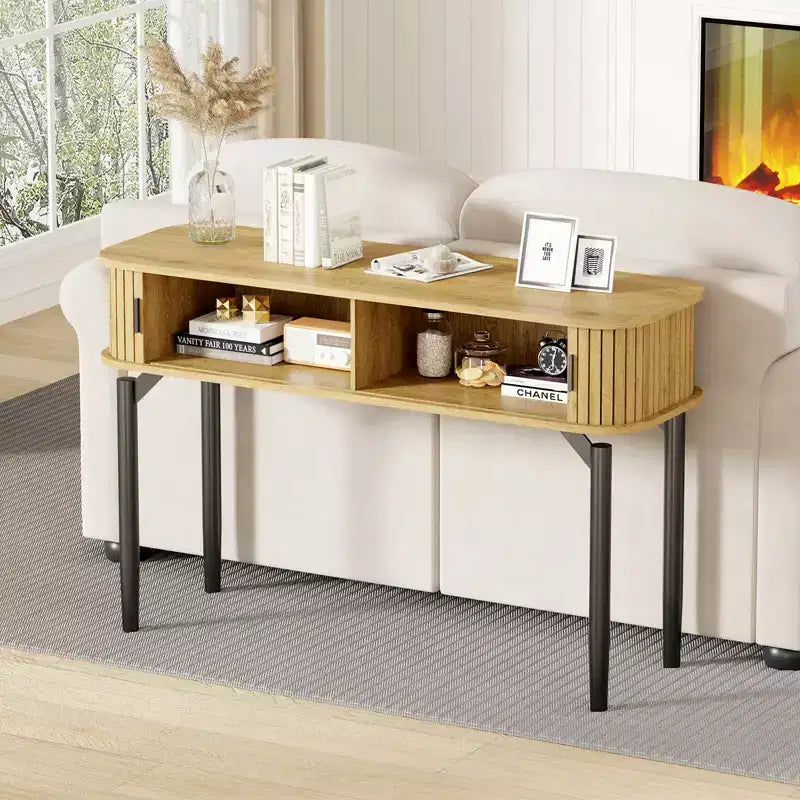 Modern Fluted Console Table - 47'' Narrow Entryway or Sofa Table with Sliding Doors & Drawers - Open Shelf Storage - Oak Walnut Finish