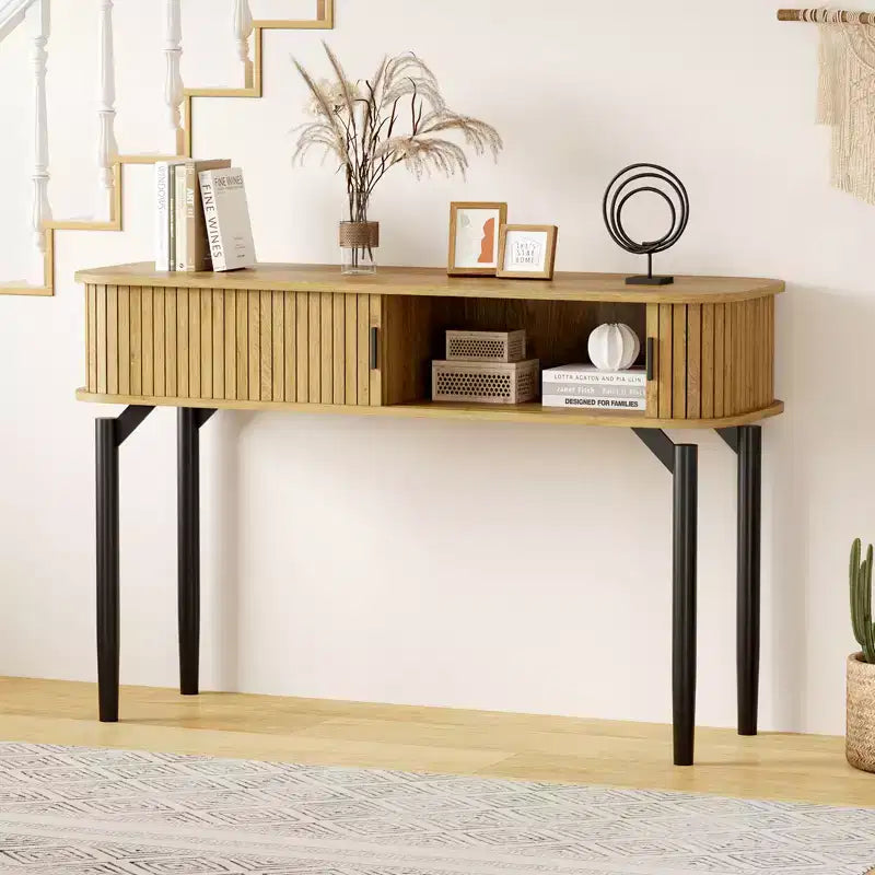 Modern Fluted Console Table - 47'' Narrow Entryway or Sofa Table with Sliding Doors & Drawers - Open Shelf Storage - Oak Walnut Finish