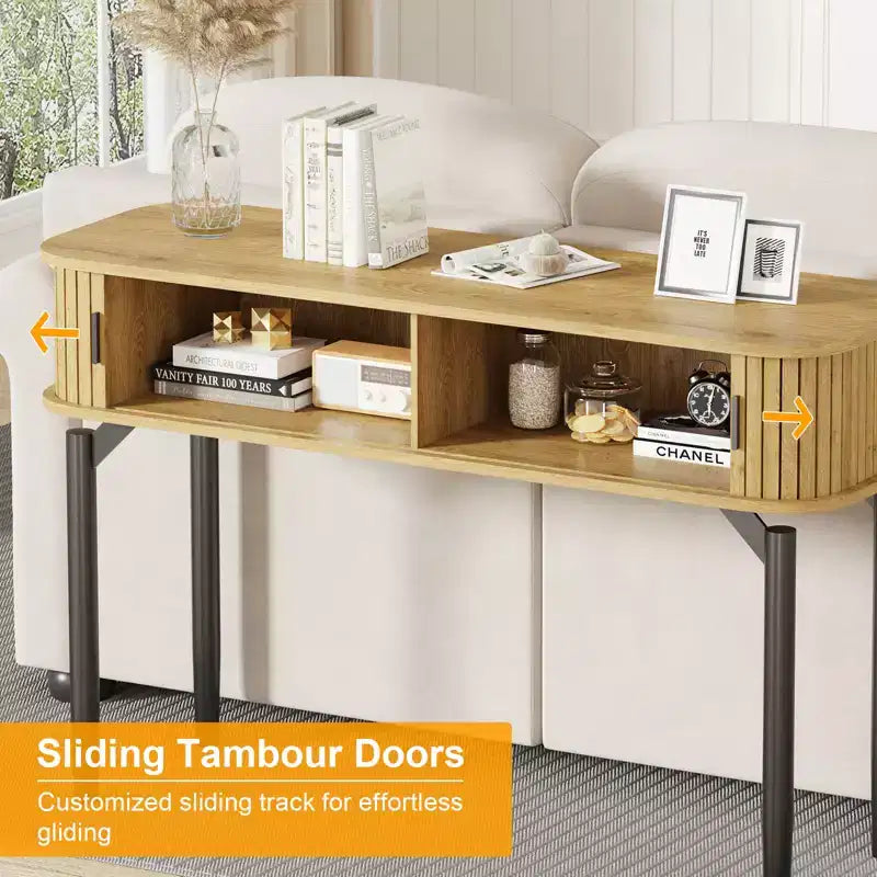 Modern Fluted Console Table - 47'' Narrow Entryway or Sofa Table with Sliding Doors & Drawers - Open Shelf Storage - Oak Walnut Finish