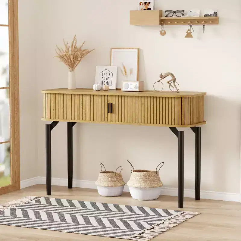 Modern Fluted Console Table - 47'' Narrow Entryway or Sofa Table with Sliding Doors & Drawers - Open Shelf Storage - Oak Walnut Finish
