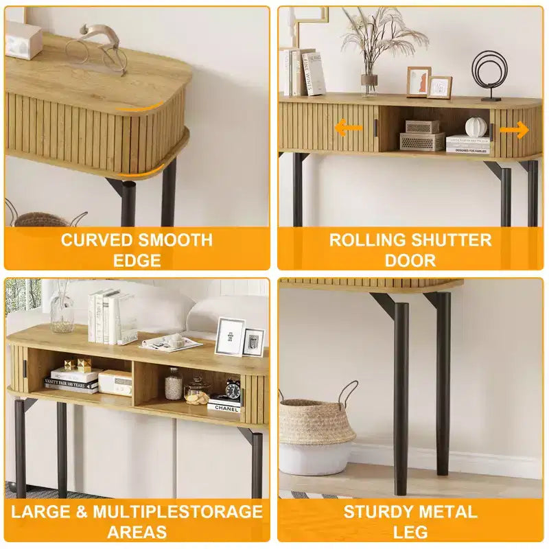 Modern Fluted Console Table - 47'' Narrow Entryway or Sofa Table with Sliding Doors & Drawers - Open Shelf Storage - Oak Walnut Finish