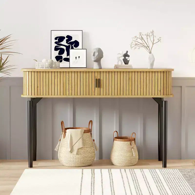 Modern Fluted Console Table - 47'' Narrow Entryway or Sofa Table with Sliding Doors & Drawers - Open Shelf Storage - Oak Walnut Finish