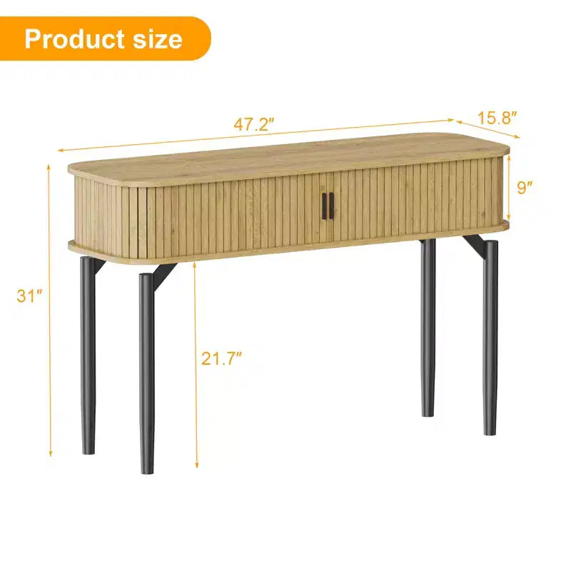Modern Fluted Console Table - 47'' Narrow Entryway or Sofa Table with Sliding Doors & Drawers - Open Shelf Storage - Oak Walnut Finish