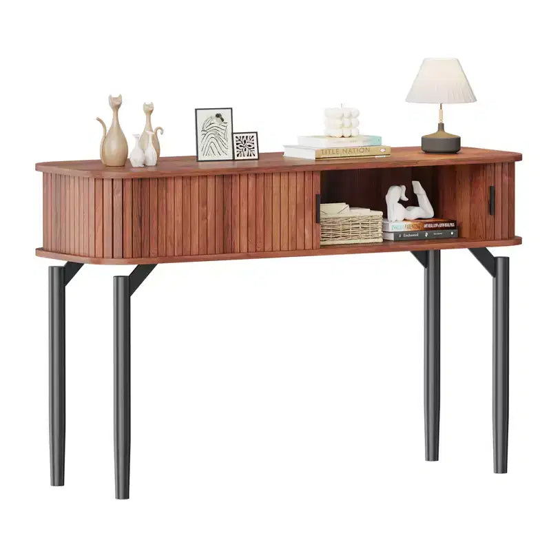 Modern Fluted Console Table - 47'' Narrow Entryway or Sofa Table with Sliding Doors & Drawers - Open Shelf Storage - Oak Walnut Finish