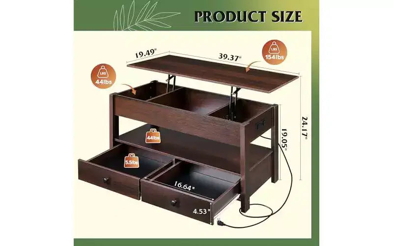 DEXYLLO Coffee Table, Lift Top Coffee Table with 2 Drawers, LED Light, Large Storage and Open Shelf