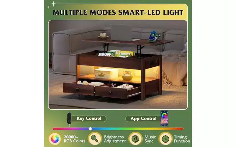 DEXYLLO Coffee Table, Lift Top Coffee Table with 2 Drawers, LED Light, Large Storage and Open Shelf
