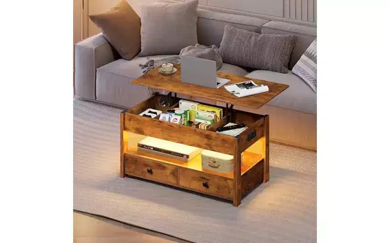 DEXYLLO Coffee Table, Lift Top Coffee Table with 2 Drawers, LED Light, Large Storage and Open Shelf