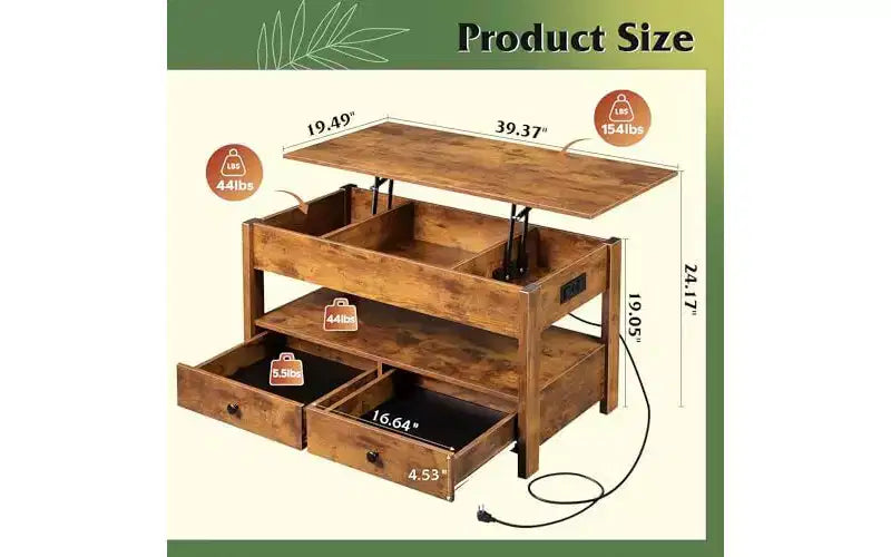 DEXYLLO Coffee Table, Lift Top Coffee Table with 2 Drawers, LED Light, Large Storage and Open Shelf