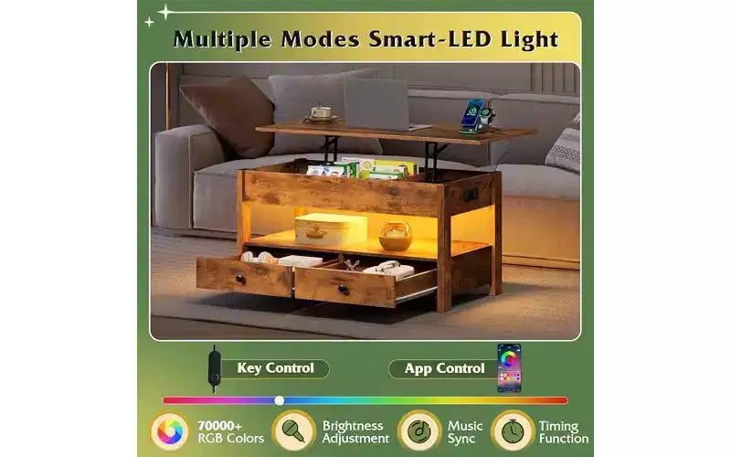 DEXYLLO Coffee Table, Lift Top Coffee Table with 2 Drawers, LED Light, Large Storage and Open Shelf