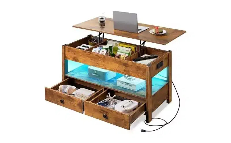 DEXYLLO Coffee Table, Lift Top Coffee Table with 2 Drawers, LED Light, Large Storage and Open Shelf