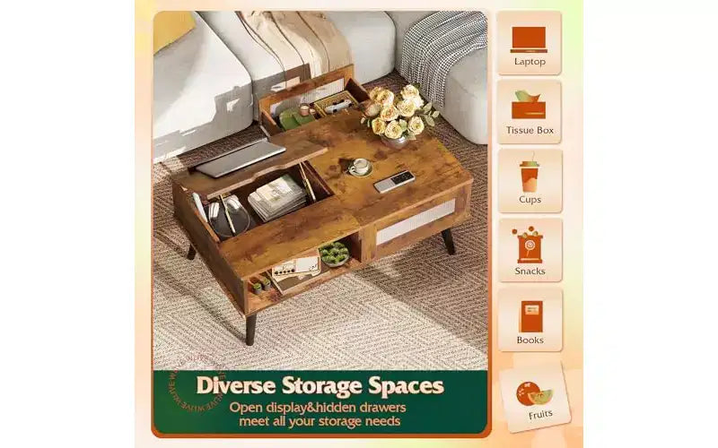DEXYLLO Coffee Table, Lift Top Coffee Table with Storage Shelf, Drawer, Height Adjustable and Tilting Tabletop for Living Room