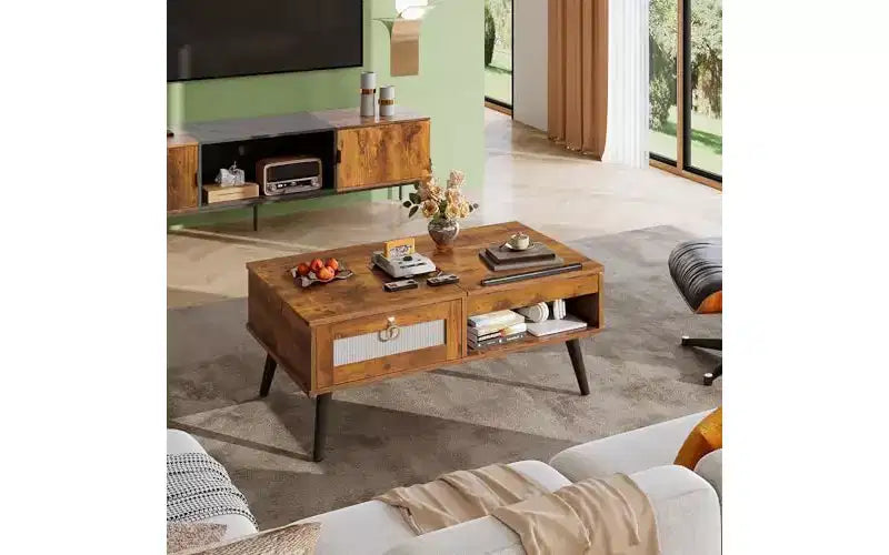 DEXYLLO Coffee Table, Lift Top Coffee Table with Storage Shelf, Drawer, Height Adjustable and Tilting Tabletop for Living Room