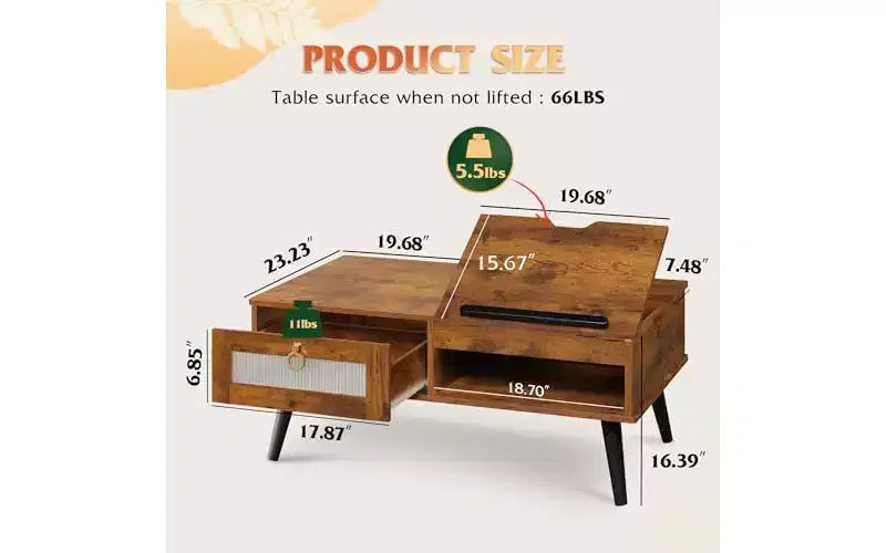 DEXYLLO Coffee Table, Lift Top Coffee Table with Storage Shelf, Drawer, Height Adjustable and Tilting Tabletop for Living Room