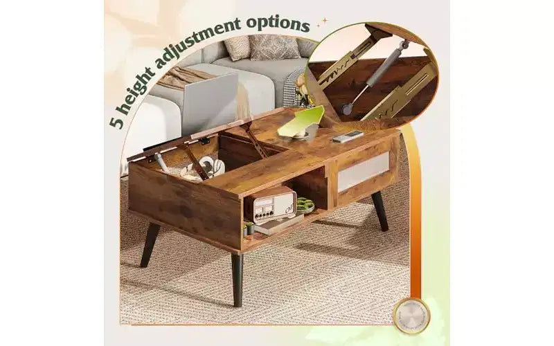 DEXYLLO Coffee Table, Lift Top Coffee Table with Storage Shelf, Drawer, Height Adjustable and Tilting Tabletop for Living Room